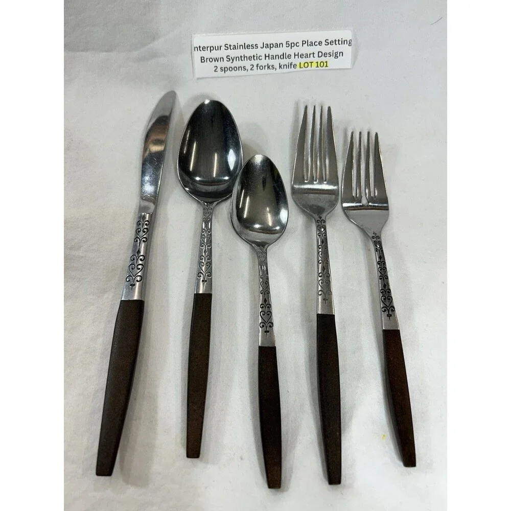 Interpur Japan 5 Pc Place Setting Brown Handle Stainless Flatware Heart Accent